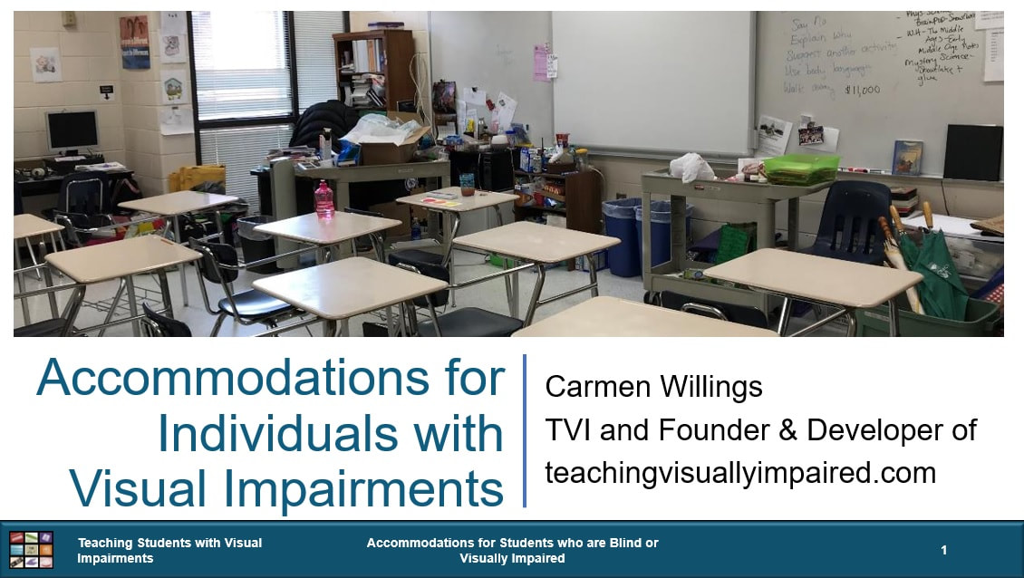 Cover of Accommodations for Individuals with Visual Impairments with a picture of an empty classroom filled with desks