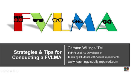 Cover slide of Strategies and Tips for Conducting the FVLMA with the letters FVLMA in different colors and each wearing glasses