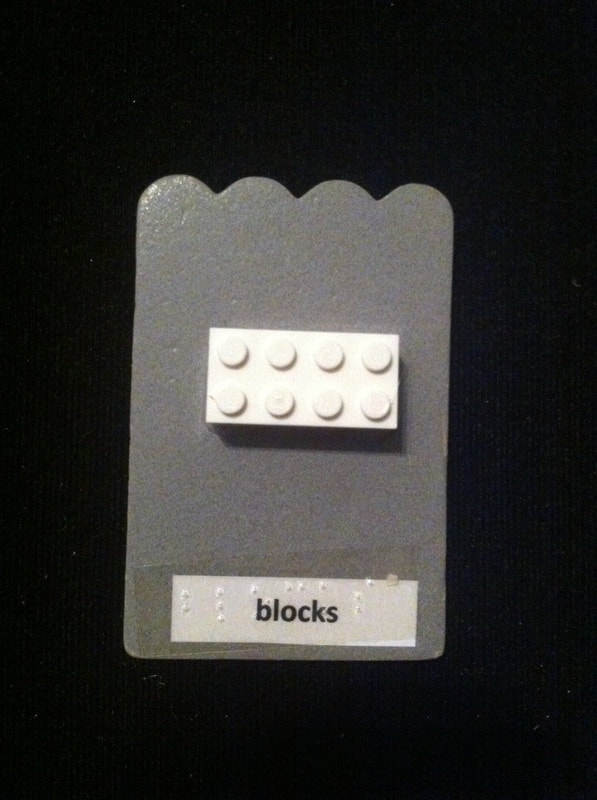 blocks label with a LEGO glued to the card