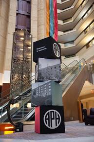 APH images and logo on large blocks in the center of the Hyatt Regency Hotel in Louisville, KY