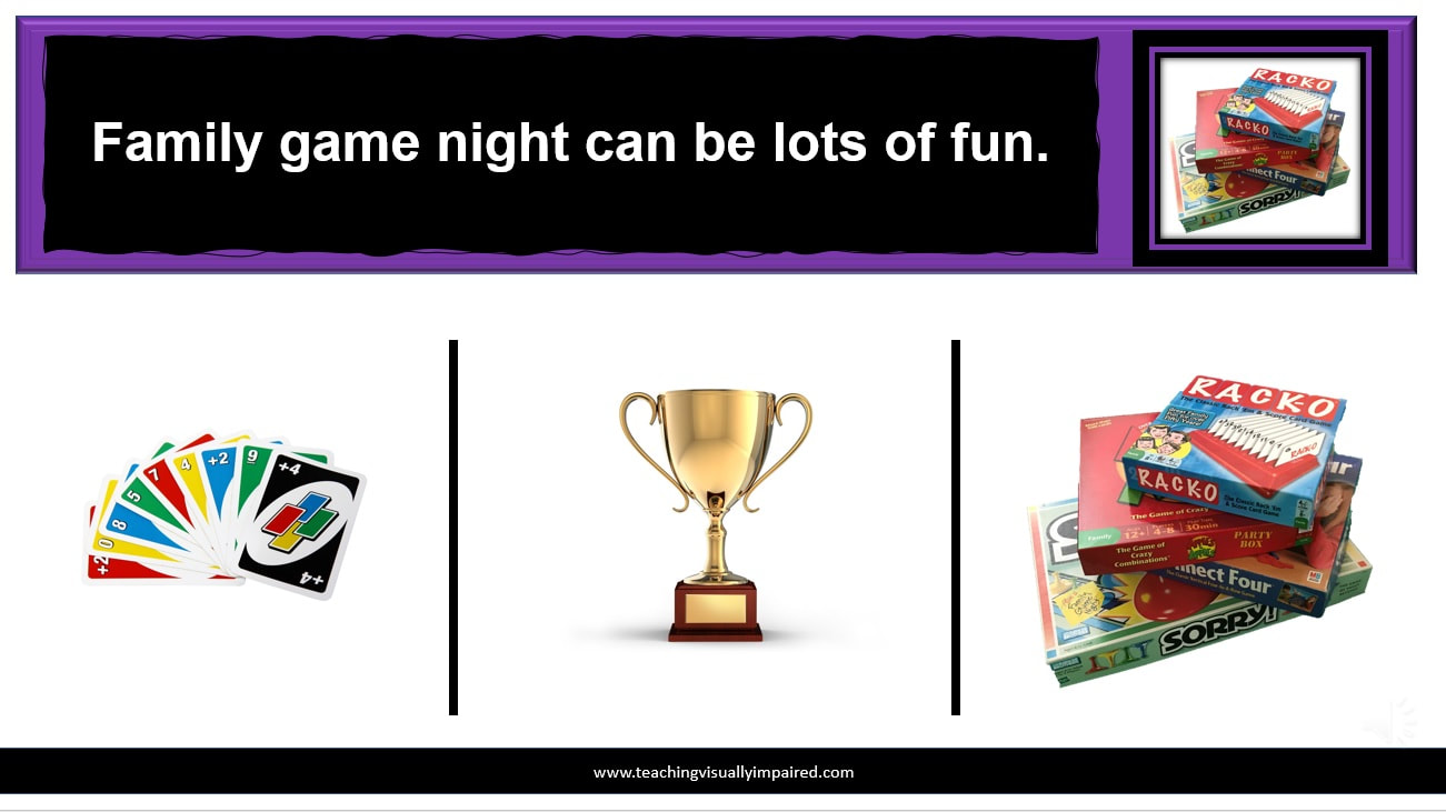 simple sentences with key picture of a stack of games and cards, trophy and stack of games to select from