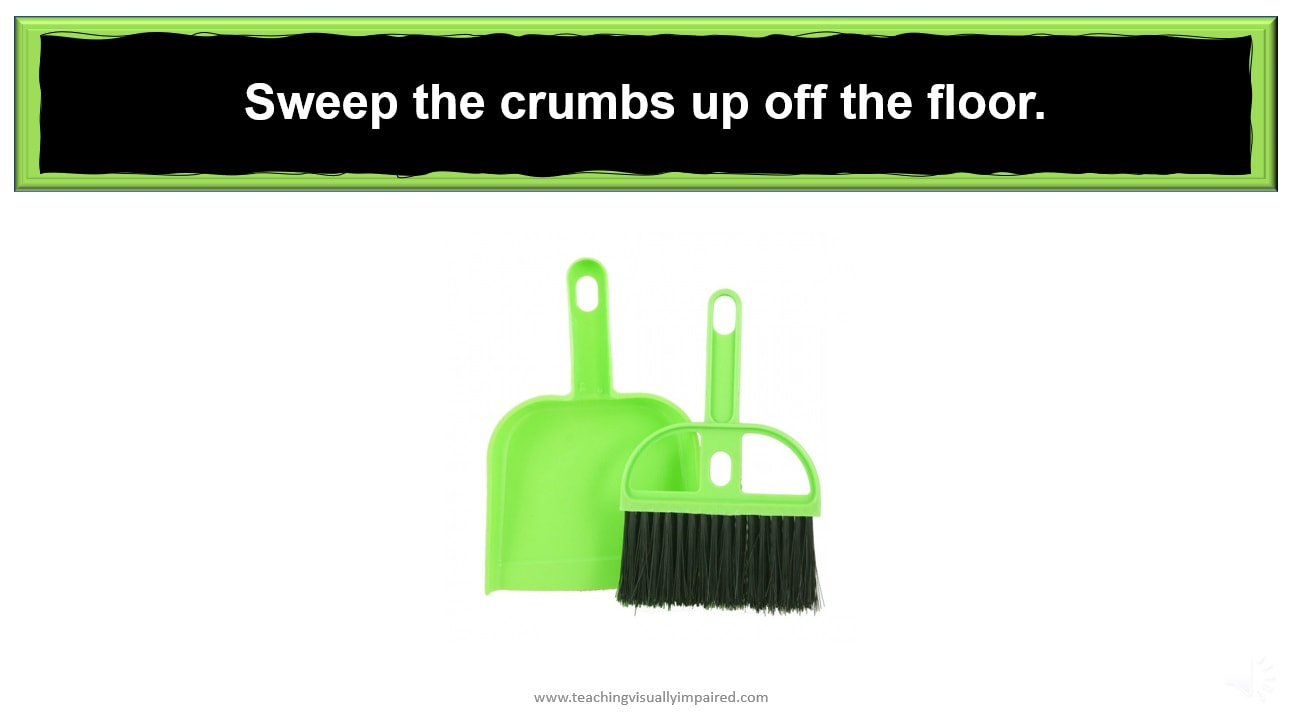 single picture of dustpan on slide with simple text