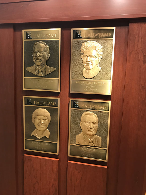 plaques of inductees William H. English, Alice Geisler Raftary, Ruth Kaarlela, Louis Vieceli