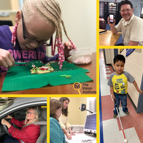 Photo collage of individuals using low vision and blind assistive technology